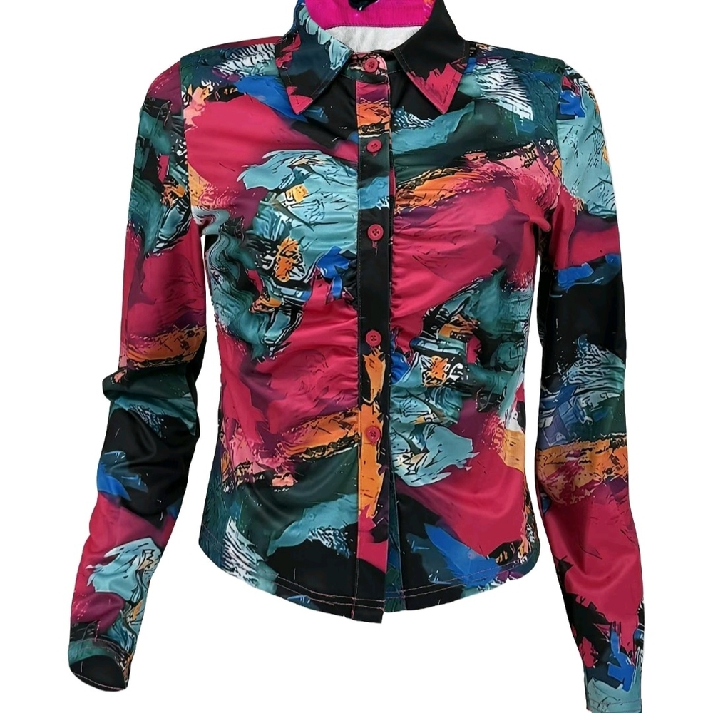 Long Sleeve Multi-Color Abstract Button Front Top - Picture 2 of 3